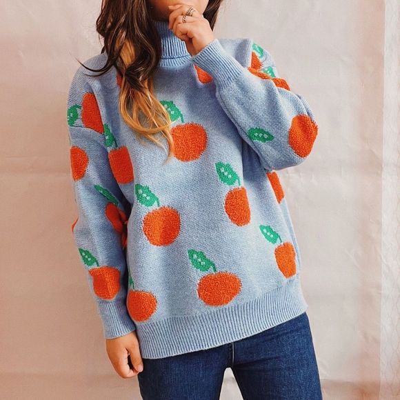 Misty Blue Apple Cozy Fruit Pattern Turtleneck Dropped Sweater